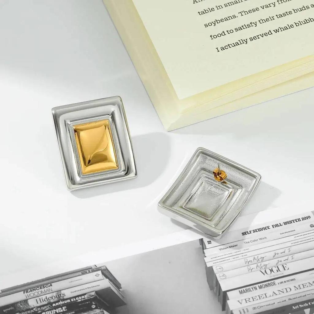 IngeSight.Z Temperament Retro Stainless Steel Square Stud Earrings for Women Luxury 18K Gold Plated Waterproof Earring Jewelry