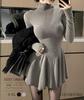 Coco Yuka Tight Flared Mini Dress with Long Sexy and Cute Knitted Mini Dress Size & Women's High-Neck Sleeves, (Gray, M)