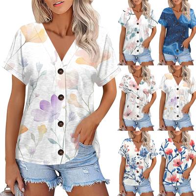 Women's Fashion Short-sleeved V-neck Flower Top Casual Button T-shirt Top