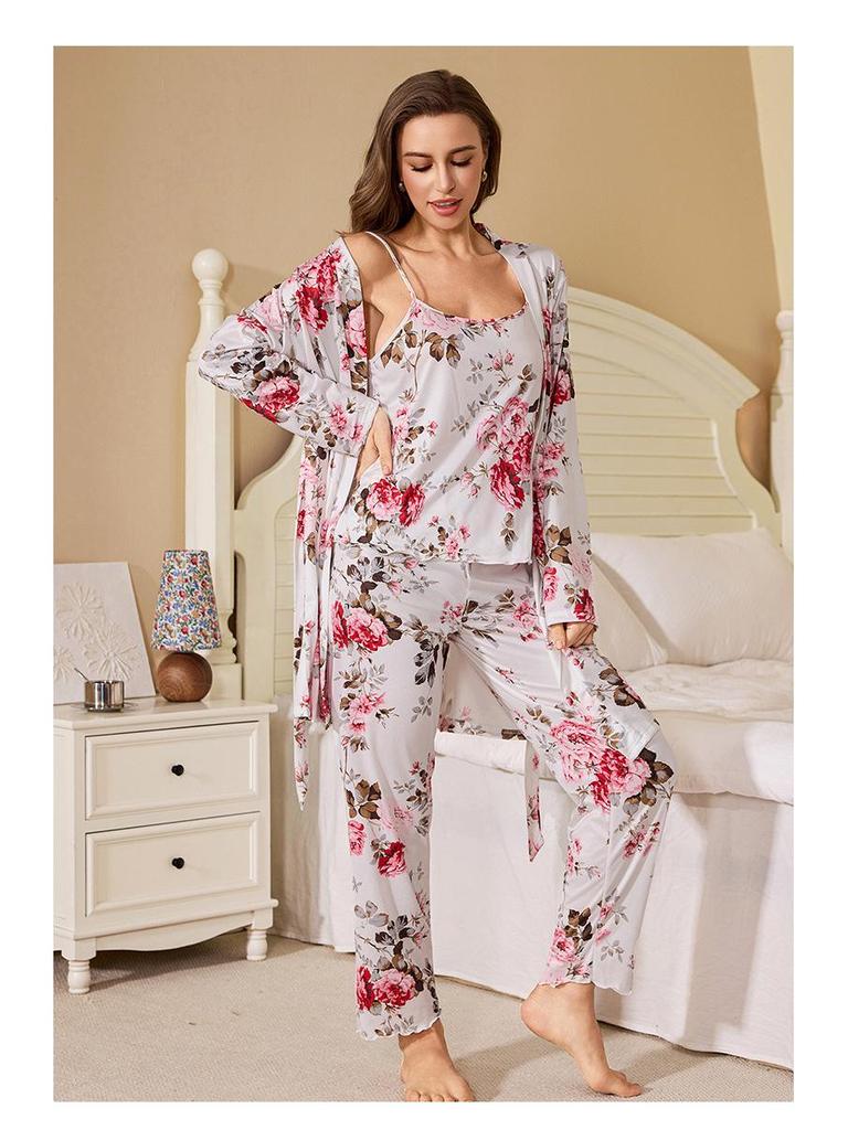 Three-Piece Pajama Set: Robe, Long Pants & Camisole In European & American Sizes