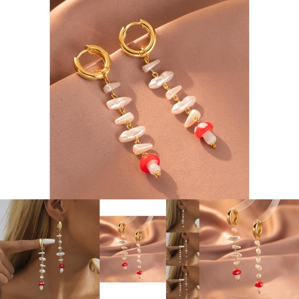 Long Tassel Earrings For Women With Geometric Faux Pearl Mushroom Design Trendy