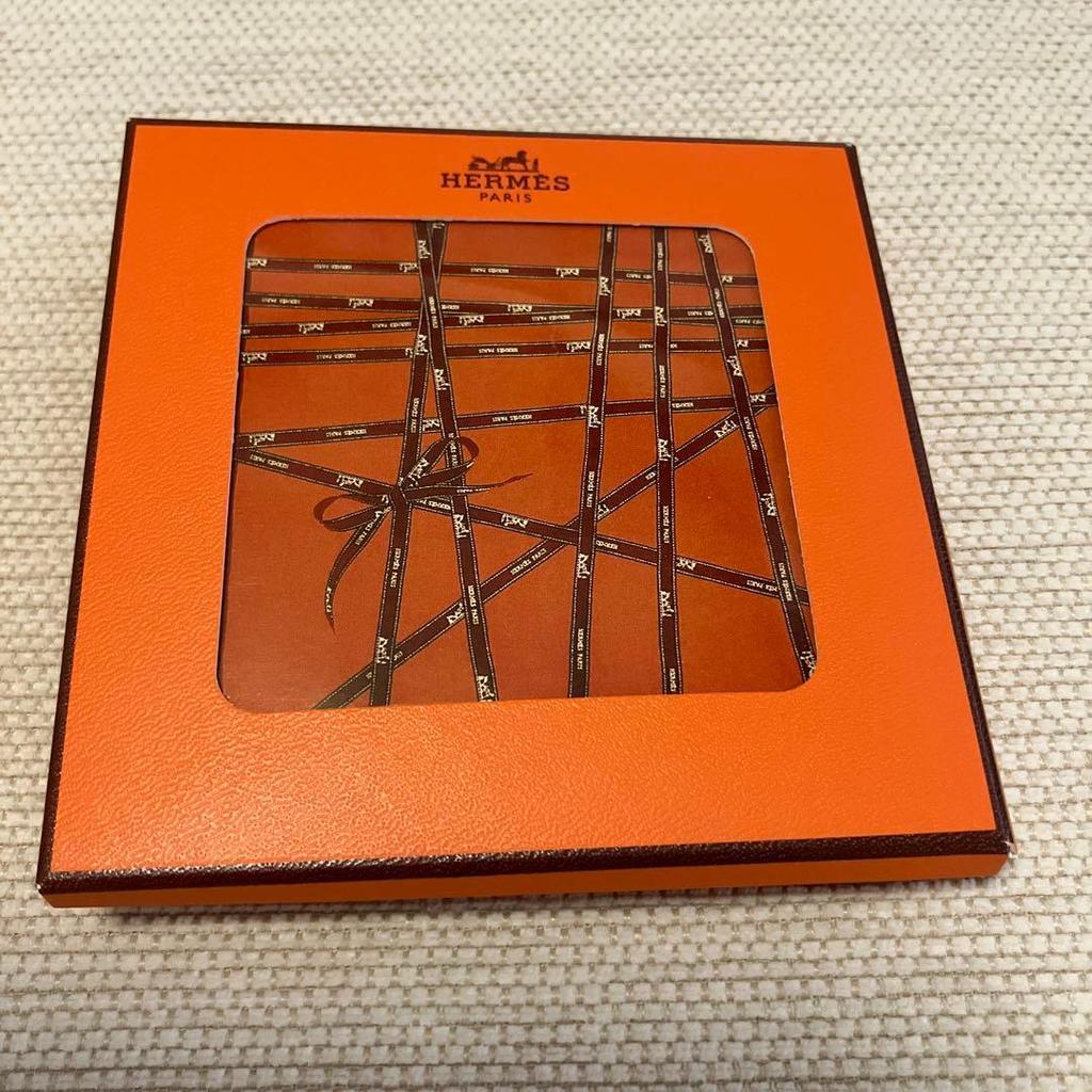 Used HERMES Kare45 Pocket Square Bolduc (Ribbon Pattern) Orange