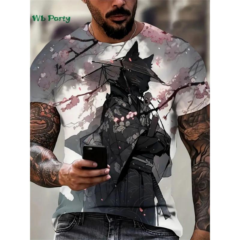 Japanese 3D Samurai Cat Pattern Men s T-Shirt Fashion Short Sleeve T-Shirt Oversized Harajuku Tops Summer Men s Casual Clothing XXS
