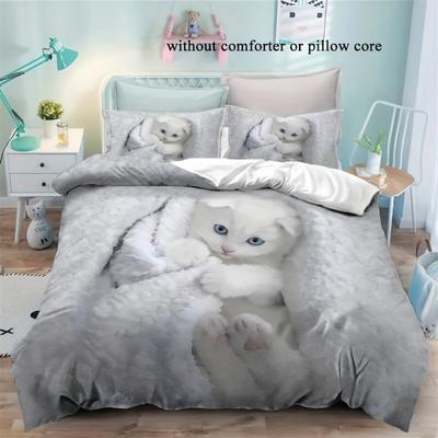Juego de Ropa de Cama Blanco de 3 Piezas Lindo Gatito Impresión 3D Cálido Juego de Funda Nórdica Tamaño King Queen Twin Individual Regalo de Cumpleaños Decoración de Dormitorio