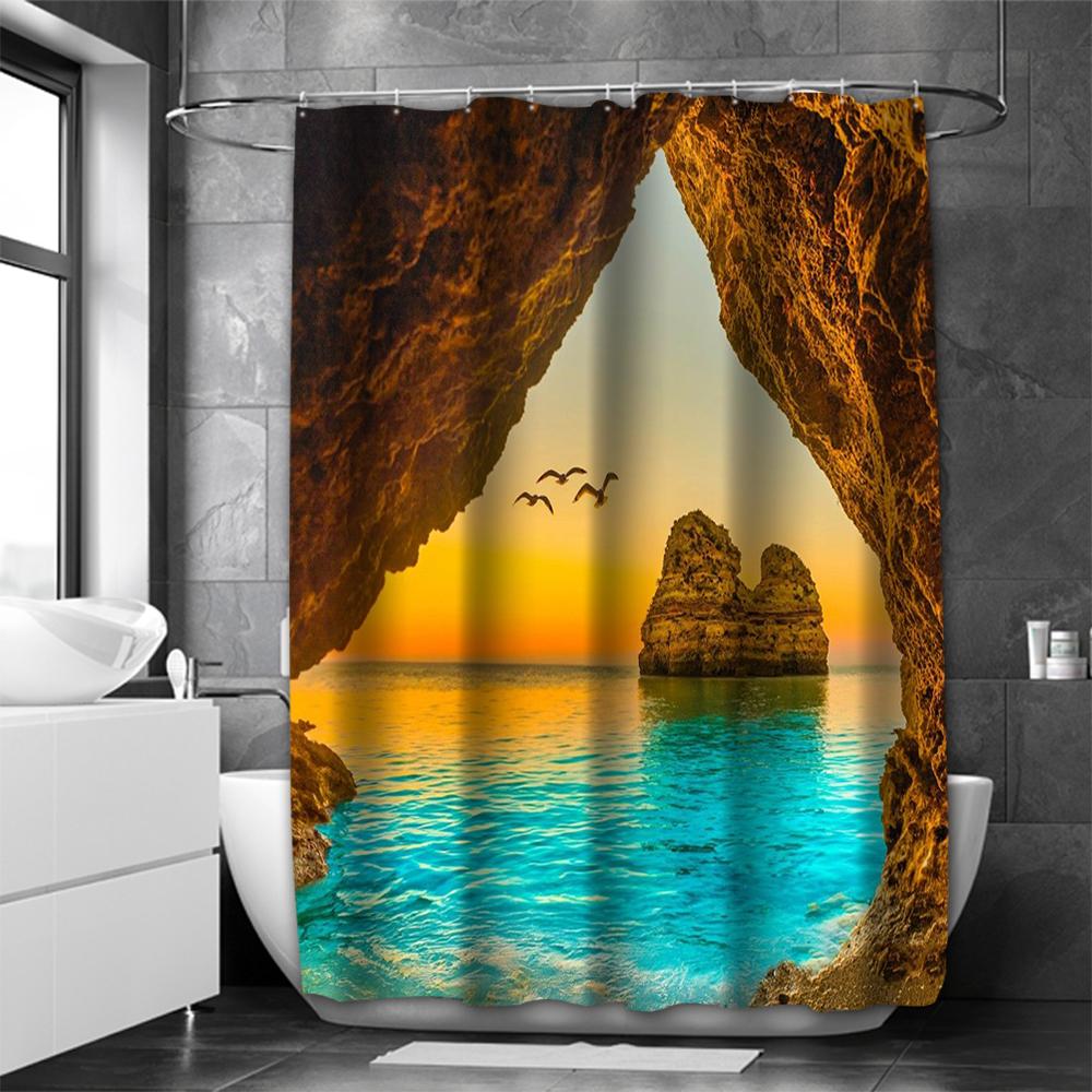 Beach In The Cave Pattern Bathing Curtain  Bathroom Shower Curtain Waterproof With 12 Hooks Home Deco Free Ship