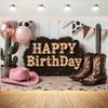 Pink Cowgirl Happy Birthday Photography Backdrop Cactus Cowboy Boots Cow Print Pennant Western Girls Birthday Party Phot