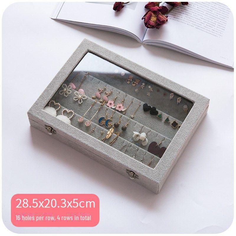 Pink Flocked Portable Jewelry Box with Lid - 316-Grit Dustproof Glass Ring & Earring Display