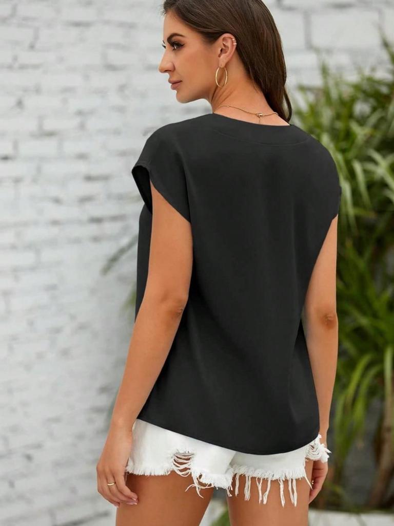 Women's V Neck Chiffon Blouse Cap Sleeve Loose Fit Solid Work Office Top
