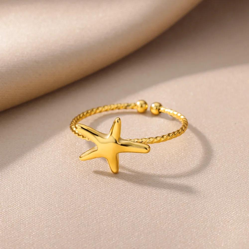 Gold Color Stainless Steel Shell Rings For Women Vintage Oval Blue Stone Adjustable Ring Fashion Party Jewelry Anniversary Gift