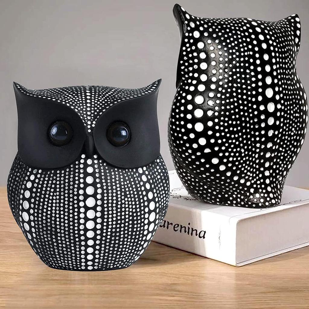 Modern Classy Lucky Owl Resin Art Figure Showpiece (Black and White, 2 Piece)