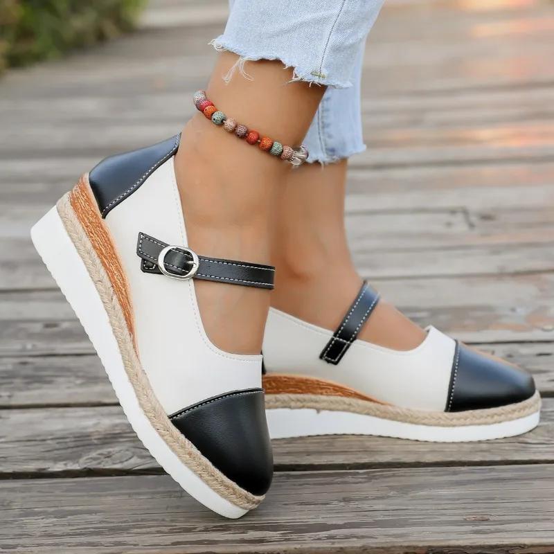 Wedge Single Shoes Fashion Round Toe Shallow Mouth One Strap Straw Sole Lightweight Non-Slip Low Top Shoes