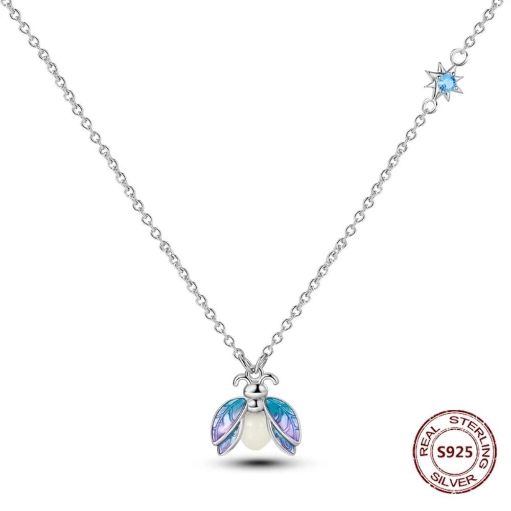 925 Silver Lucky Unicorn Necklace with Butterfly Firefly Bear Paw Print Zircon Chain Link Heart Jewelry for Women