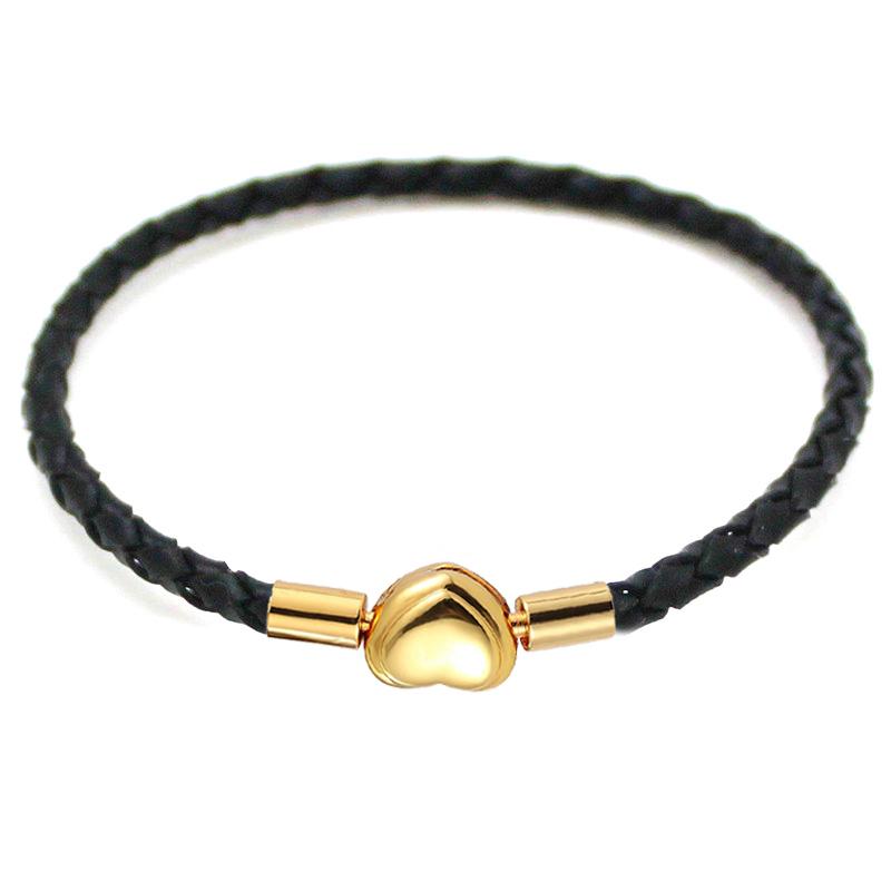 Fashion Women Gold Plated Lover Bracelet Bangle Leather Chain With Love STAINLESS STEEL Clasp Pan Bracelet Bead Charms Bracelet