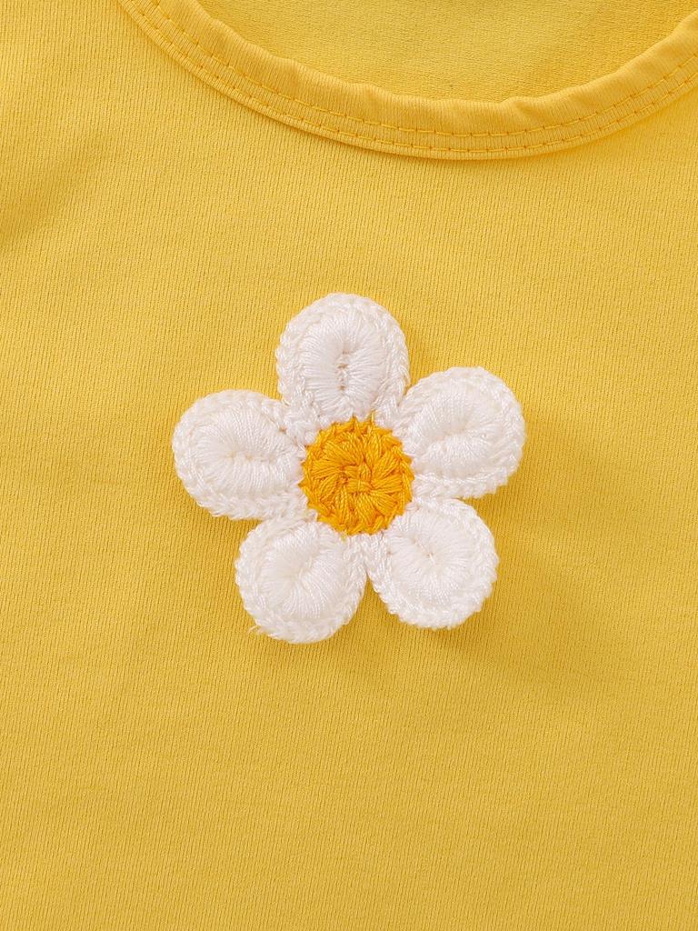 Yellow Sleeveless Top & Denim Skirt Set with Daisies for Girls