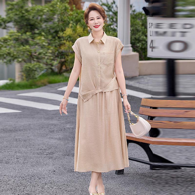 Elegant Summer Skirt Suit: Dignified Short-Sleeved Top for Mid-Aged & Elderly Moms 2026 Collection