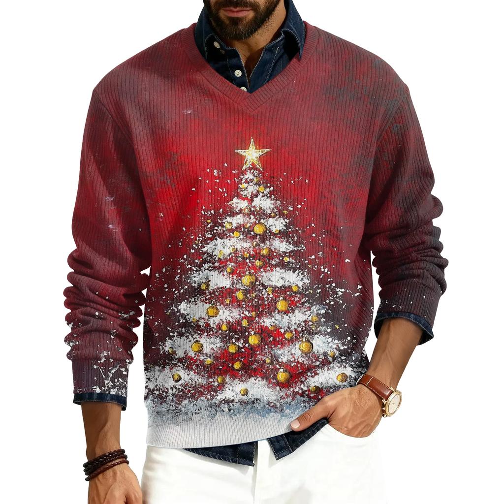 Herren V-Ausschnitt Langarm Rippstrick Pullover