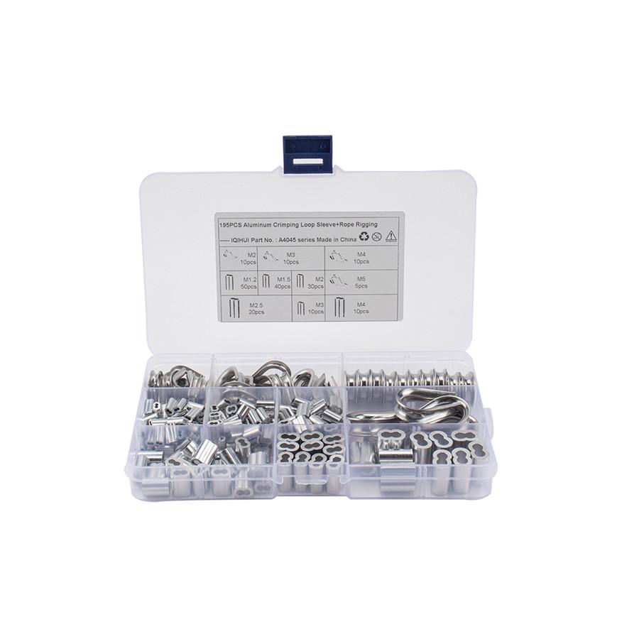 195Pcs Steel Wire Rope Sling Loops Aluminum Crimping Loop Sleeve Assortment Kit
