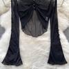 Sexy French sle Retro V-neck Knit cardigan Women Spring/Summer Thin Sunscreen Cover Up Short Long sleeve Bell Sleeve Top