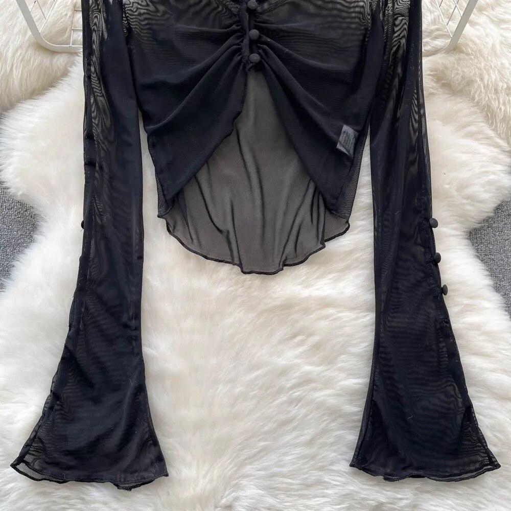 Sexy French sle Retro V-neck Knit cardigan Women Spring/Summer Thin Sunscreen Cover Up Short Long sleeve Bell Sleeve Top