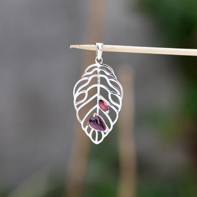 Garnet Palm Leaf Pendant Solid 925 Sterling Silver Handmade Women Jewelry