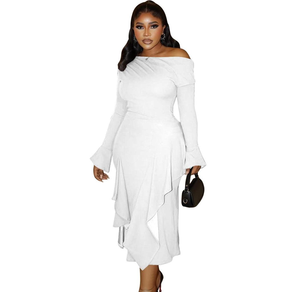 Elegant One-Shoulder Long-Sleeve High-Waisted Dress - 2025 European & African Style