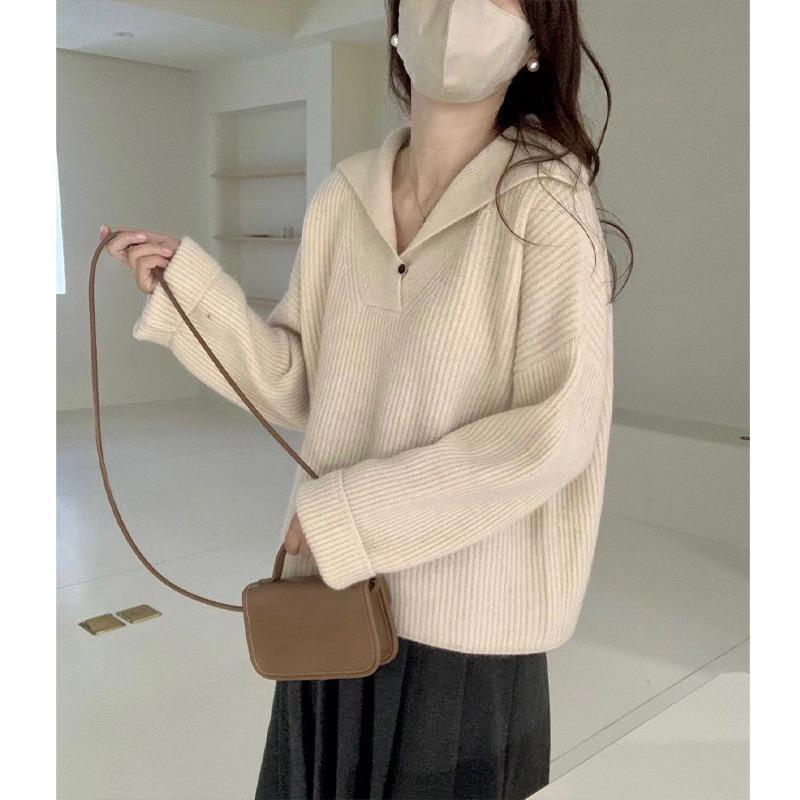 

Lapel knitted sweater pullover new autumn and winter women s V-neck design sense niche loose lazy style top One Size