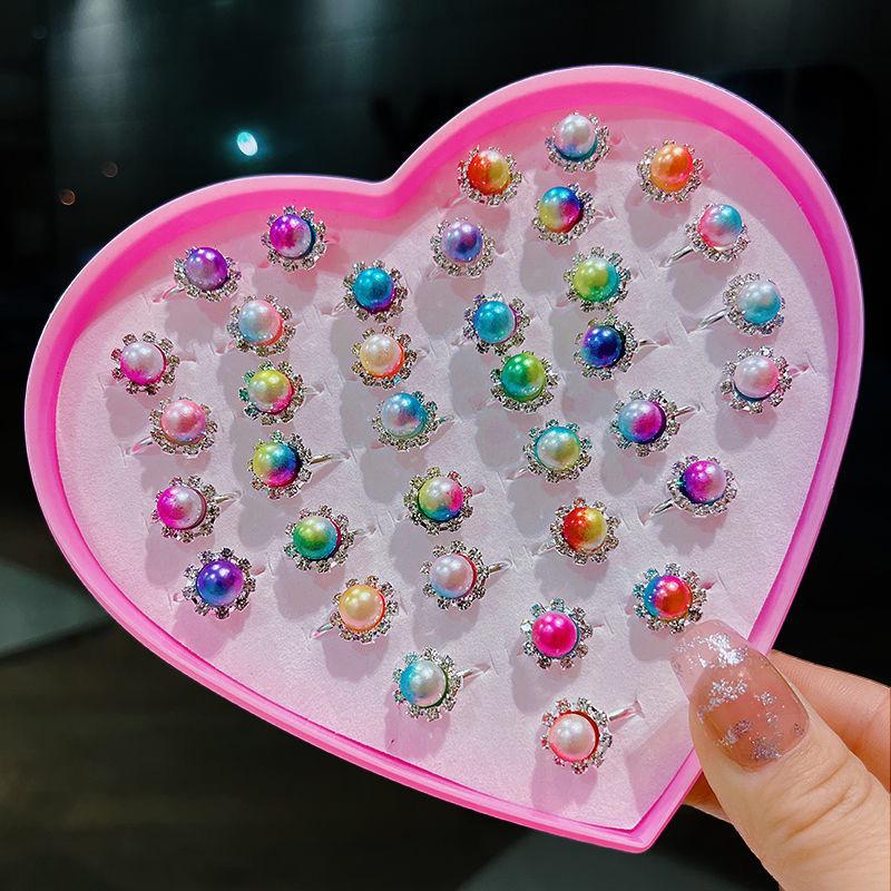 

36 шт. Жемчужные кольца с цветами, аксессуары, подарок, регулируемые, причудливые кольца со стразами, для детей, девочек, с витриной, набор колец, детская бижутерия