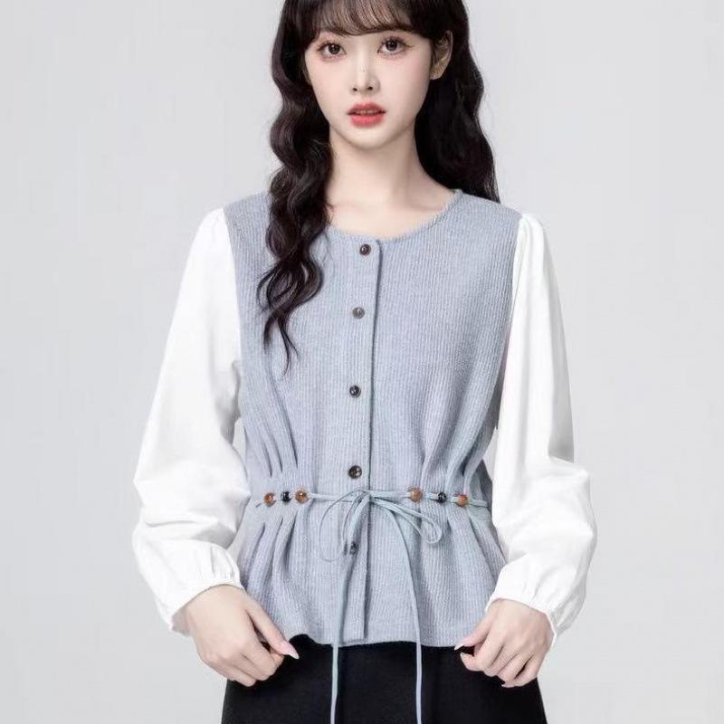 

Women s Fake Two-Piece Long-Sleeve Cinched Waist Shirt - Spring/Autumn 2025 French Design, Round Neck Short Top 2XL (Recommended 130-140 lbs)