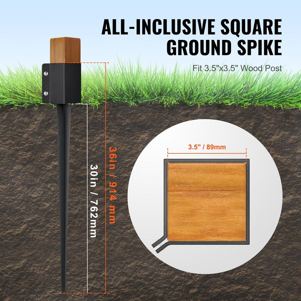 Fence Post Anchor Ground Spike, 4 Pack 36 X 4 X 4 Inches Outer Diameter (Inner Diameter 3.5 X3.5 Inches), Metal Black Powder Coated Post Stake Ground,