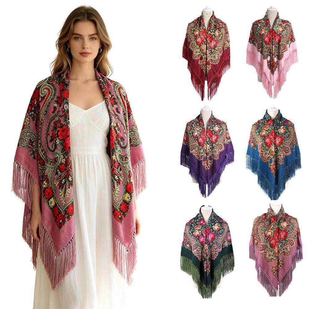 Tassel Fringe Floral Scarf Soft Tassel Scarf Fashion Square Wrap Women
