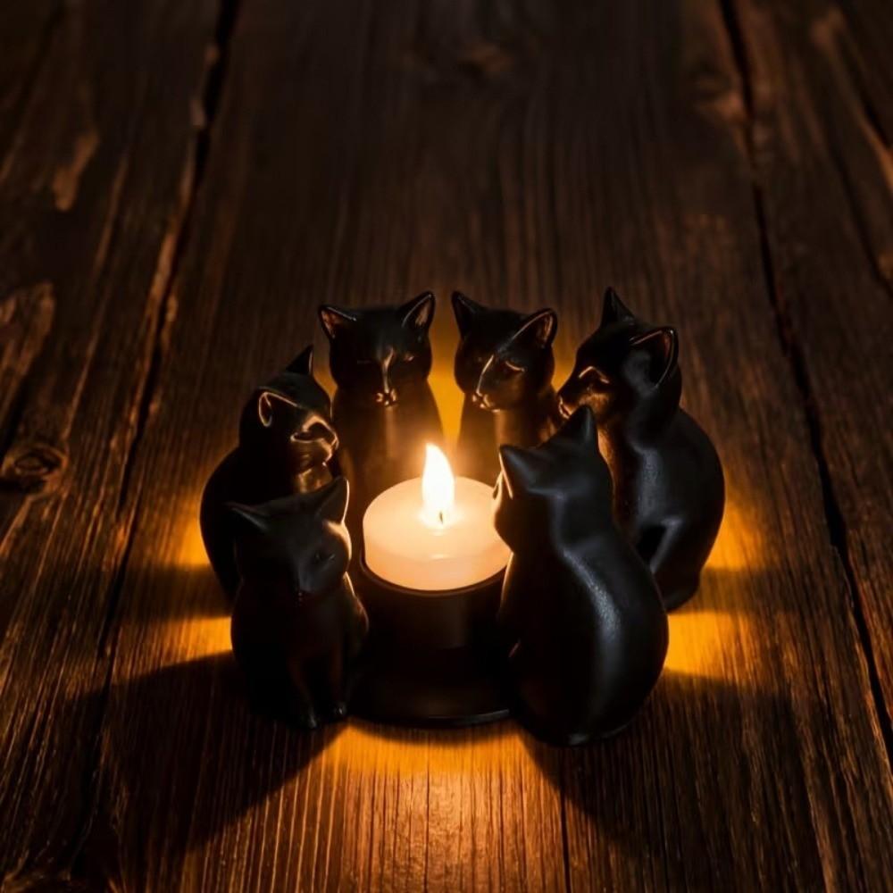 Espace Méditation Chat de Dessin Animé Porte-Bougies Forme Anneau Mignon Bougeoir Imprimé 3D Ornement Chaton Noir Décoratif Bureau