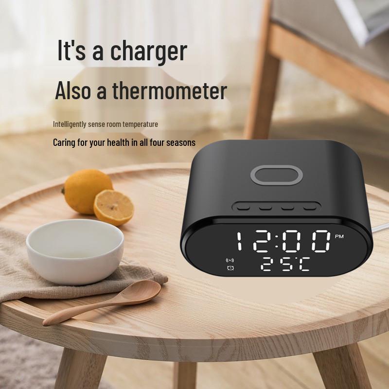 3-in-1 Wireless Charger: Desktop Clock & Thermometer for Android and Apple Devices