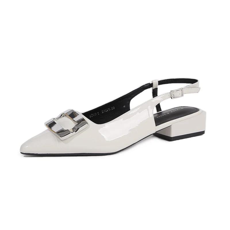 Lacquer Leather 3cm Heel Height Korean Version Sandals for Women 2024 Summer New Shallow Mouth Pointed Back Empty Sandals