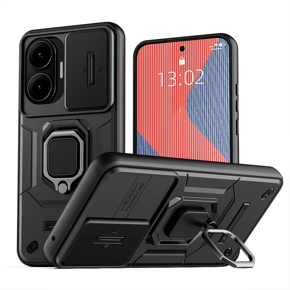 KEYSION Shockproof Armor Case for Xiaomi POCO F7 5G Slide Camera Lens Protection Ring Stand Phone Cover for Redmi Turbo 4 Pro