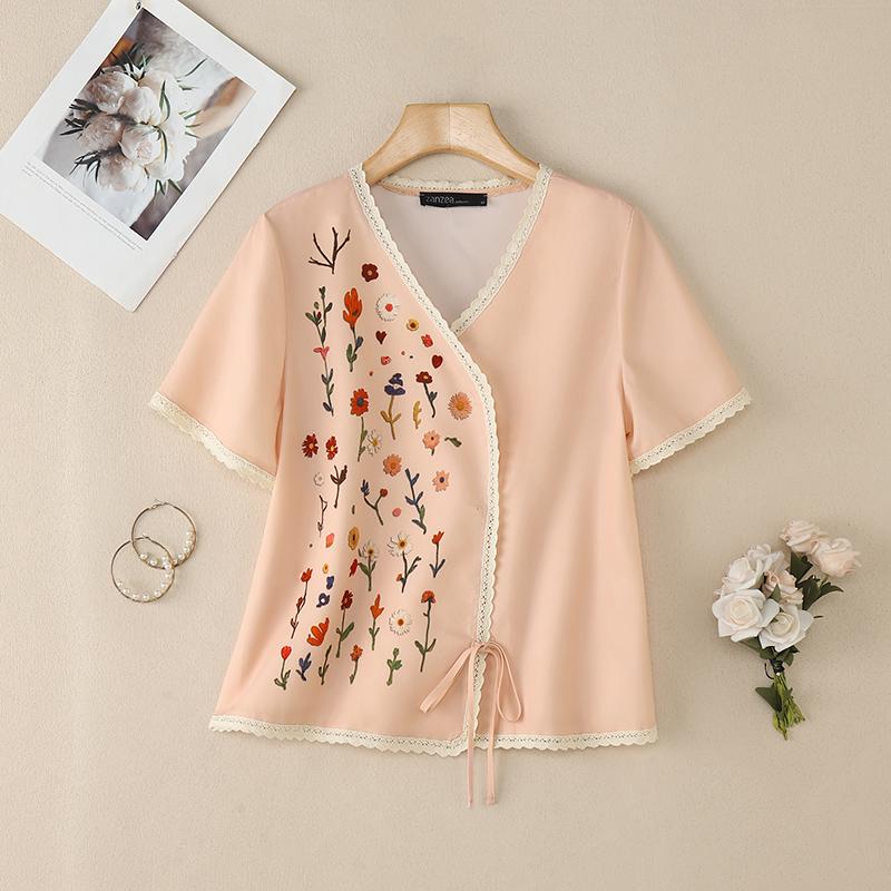 ZANZEA Women Casual V-Neck Short Sleeve Floral Print Blouse