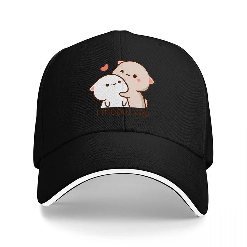 Cute Cat and Ghost Design Baseball Cap Black Adjustable Hat with Adorable Cartoon Print for Casual Wear and Fashion Statements