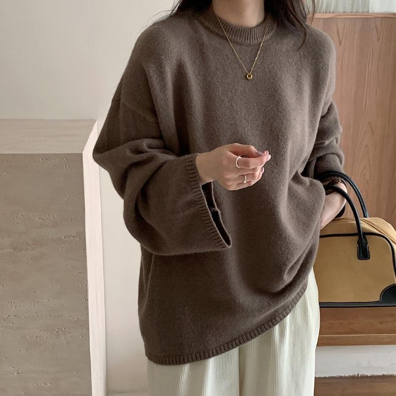 Crew Neck Large Size Pullover Sweater Autumn and Winter New Outer Size Lazy Wind Bottomed Knitted Sweater Women
