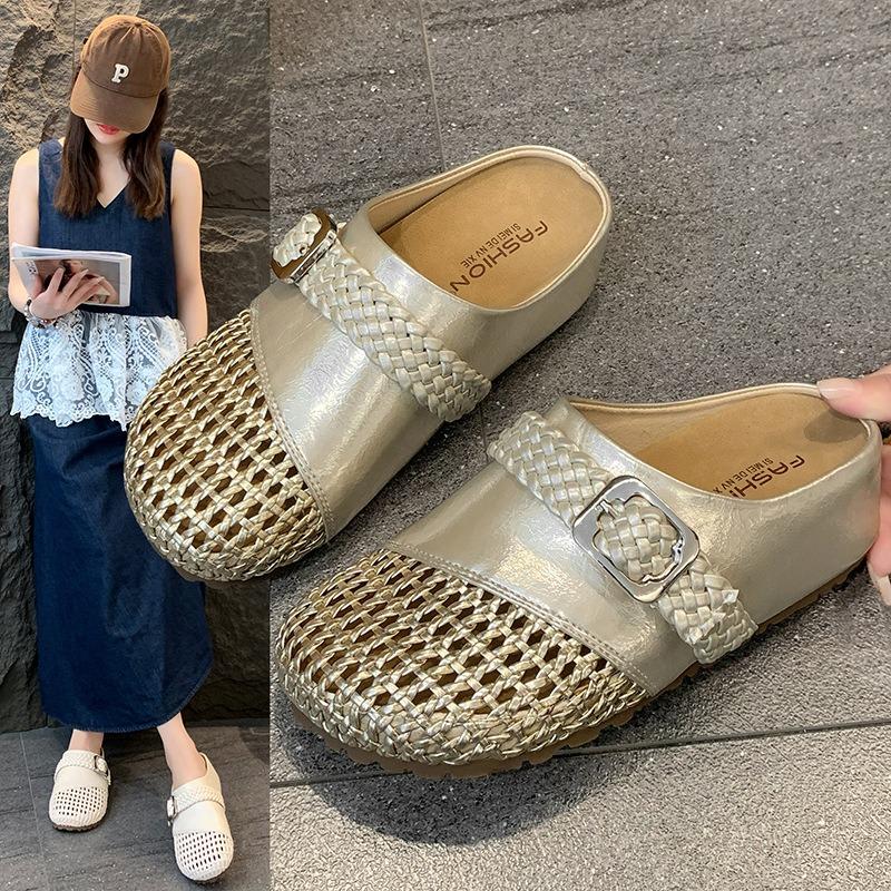 New Style of Semi-slipper Shoes with Woven Hollowed-out Toe Caps and Thick Soles for Lazy People To Wear on One Foot