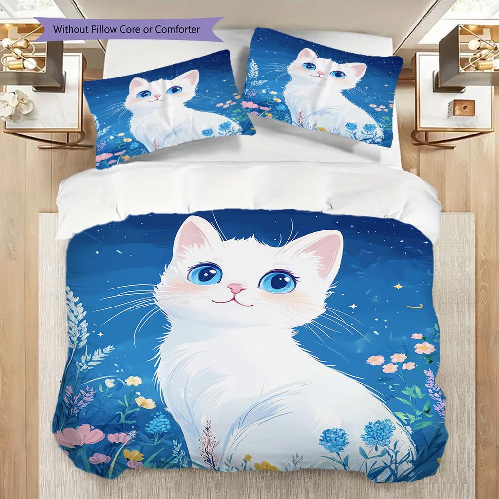 Weißes Katzenmuster Bettwäsche Steppdecke Set Deckenbezug Kissenbezug Heimdekoration Geburtstagsgeschenk (1 Bettbezug + 2 Kissenbezüge, ohne Füllung)