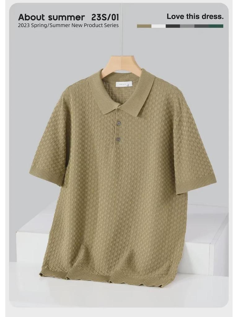 Men's Japanese Style Light Luxury Plaid Polo Shirt - Solid Color, Short Sleeve, Trendy Lapel Design