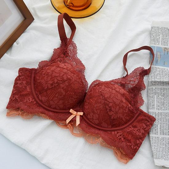 

Кружевной поддерживающий бюстгальтер для девочек: Маленькая грудь, регулируемая, антирасширение, без стального кольца, тонкий верх, толстое дно 34-75AB кирпич красный