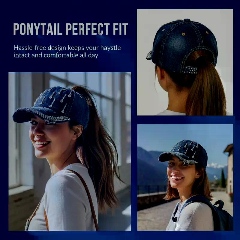 Funkelnde Strass-Denim-Baseballkappe für Damen Bling-Kristalldekor Verstellbar Lässig Outdoor-Sonnenhut Verstellbarer Cowboyhut