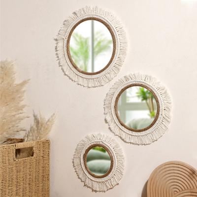 1 pièce Corde de Coton Tissée Miroir Rond Pompon Accroché au Mur Simple Tapisserie Pour Maison Chambre Salon Entrée Décoration Artistique