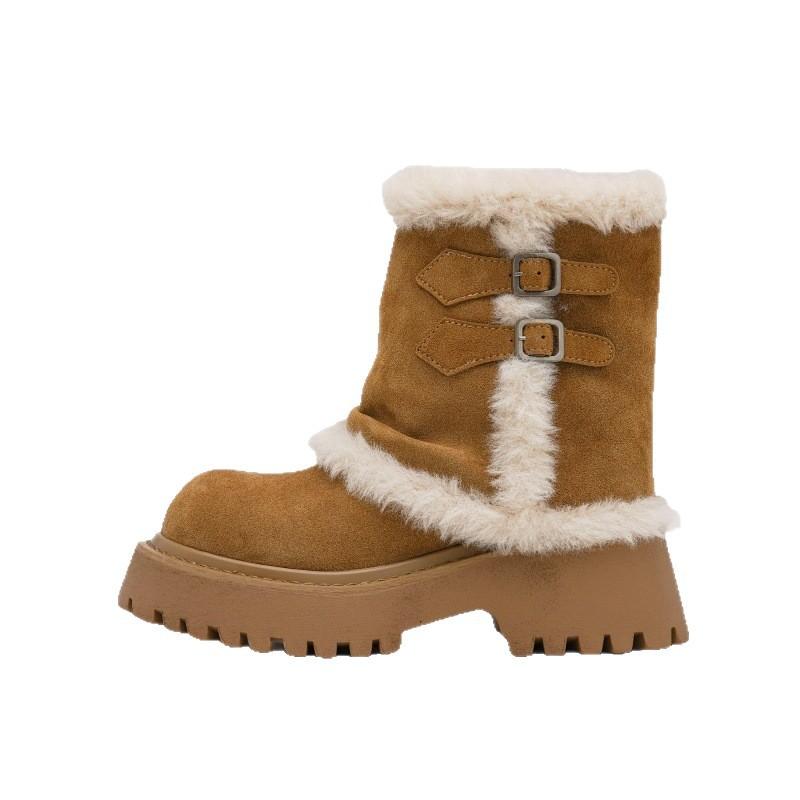 Thick-soled medium tube snow boots women's 2025 new winter fur integrated fleece Altay warm wool cotton shoes