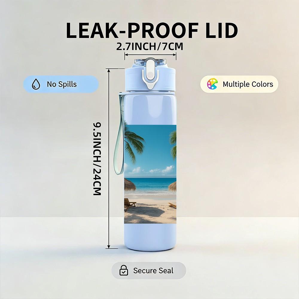 1PC Palm Tree Beach Tropical Island Print 750ml Color Plastic Sports Water Bottle Leakproof Flip Straw Lid Suitable for Sports Office Home Use