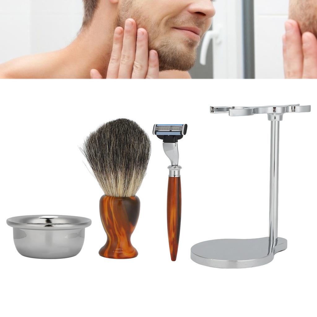 4-teiliges Professionelles Herrenrasurset Traditioneller Manueller Rasierer Rasierpinsel Seifenschale Rasierhalter Set