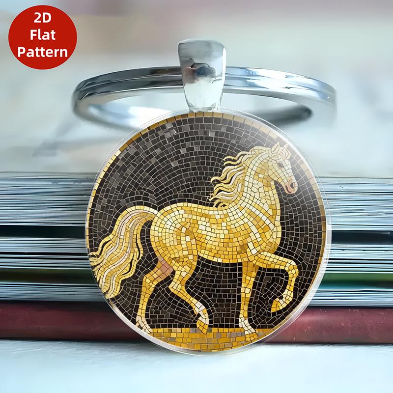 Retro Zodiac Horse Pattern Zinc Alloy Circular Keychain Car Backpack Hangings Decoration