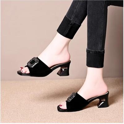 High-heeled Slippers Women's Summer Wear 2025 Non-slip Soft-soled One-word Slippers Square Head Thick-heeled Sandals Medium-heeled Open-toed Sandals