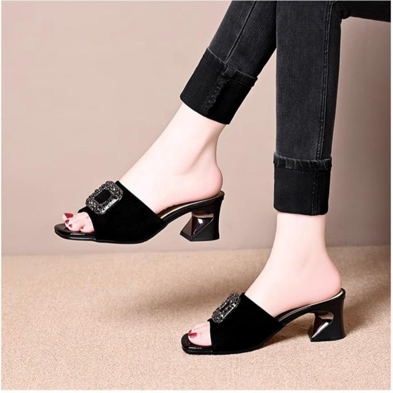 High-heeled Slippers Women's Summer Wear 2025 Non-slip Soft-soled One-word Slippers Square Head Thick-heeled Sandals Medium-heeled Open-toed Sandals