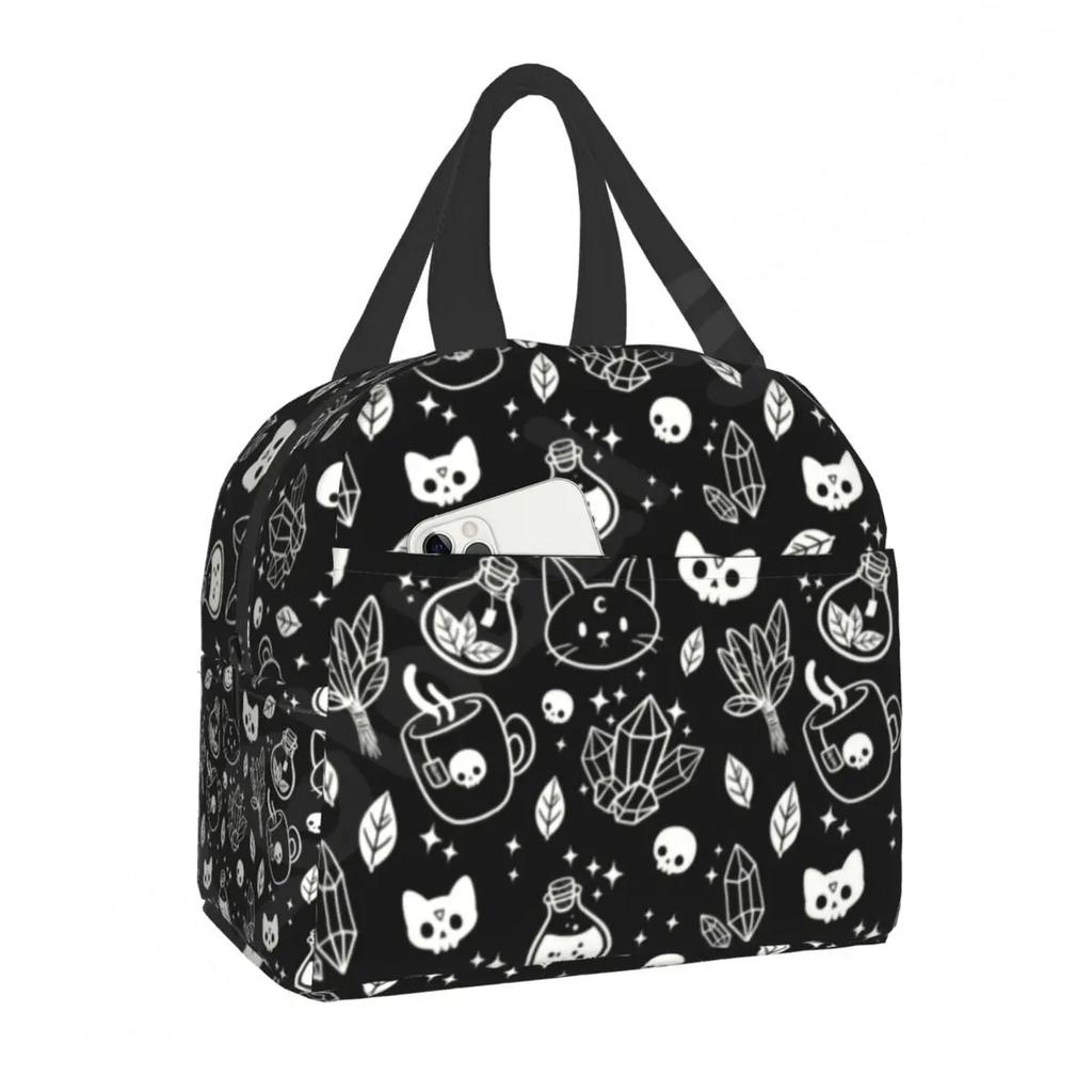 Pattern Insulated Lunch Bag for School Office Halloween Cat Skull Leakproof Cooler Thermal Bento Box Women Children